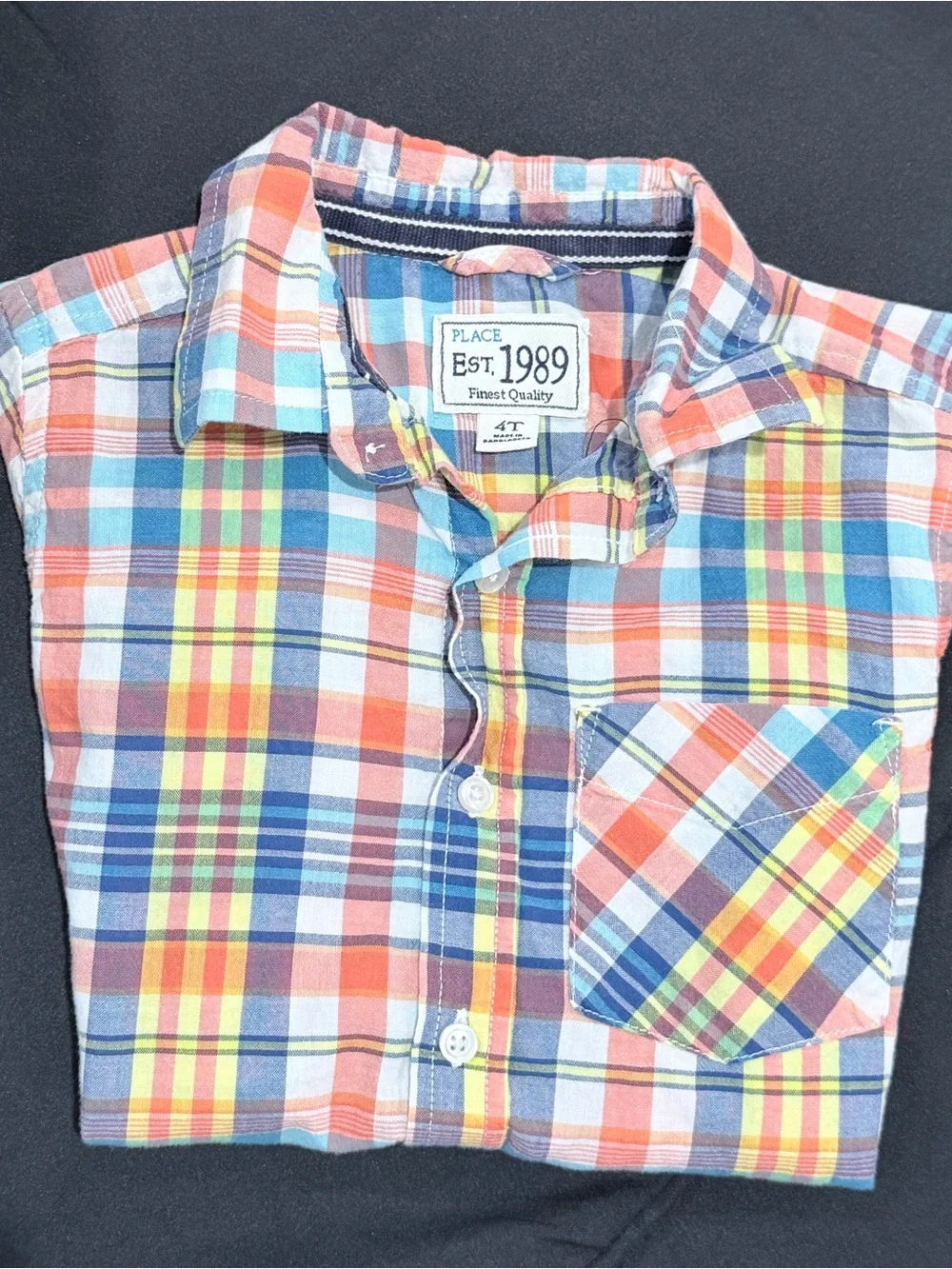 The Children's Place Short Sleeve Button-Down Shirt in Orange Blue Yellow Plaid